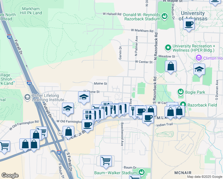 map of restaurants, bars, coffee shops, grocery stores, and more near 1853 Bedford Loop in Fayetteville