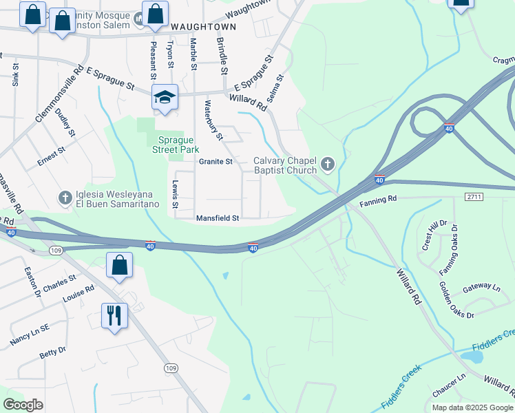 map of restaurants, bars, coffee shops, grocery stores, and more near 2536 Woodville Street in Winston-Salem