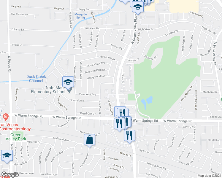 map of restaurants, bars, coffee shops, grocery stores, and more near 3115 La Mancha Way in Henderson