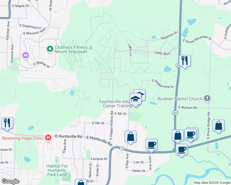 map of restaurants, bars, coffee shops, grocery stores, and more near 248 South Happy Hollow Road in Fayetteville