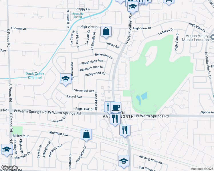 map of restaurants, bars, coffee shops, grocery stores, and more near 3115 La Mancha Way in Henderson