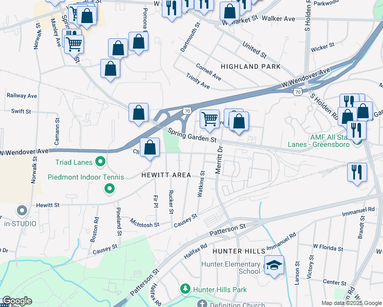 map of restaurants, bars, coffee shops, grocery stores, and more near Clifton Road in Greensboro