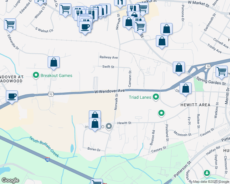 map of restaurants, bars, coffee shops, grocery stores, and more near in Greensboro