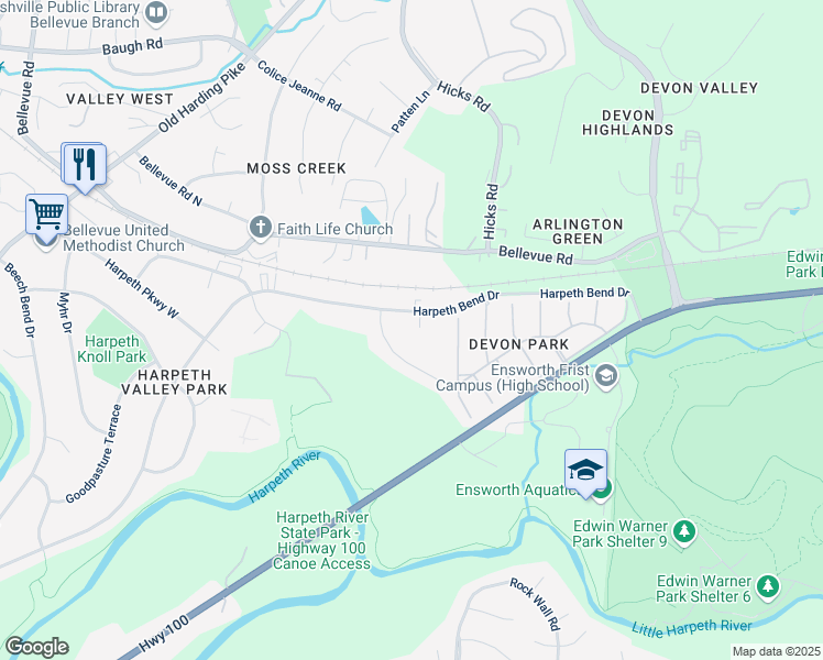 map of restaurants, bars, coffee shops, grocery stores, and more near 613 Iron Gate Court in Nashville