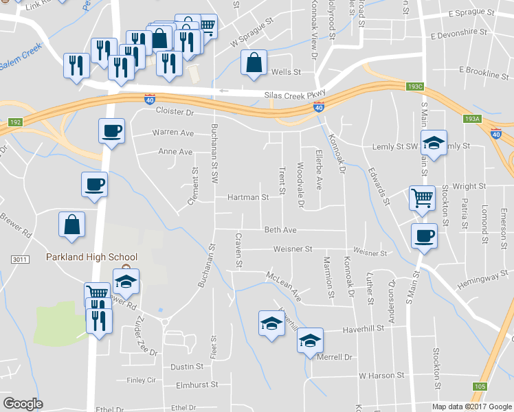 map of restaurants, bars, coffee shops, grocery stores, and more near 2916 Cockerham Street in Winston-Salem