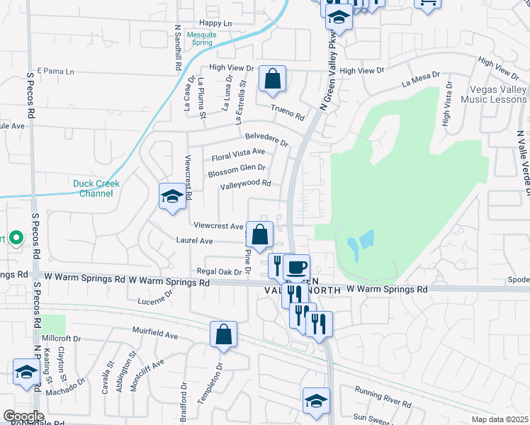 map of restaurants, bars, coffee shops, grocery stores, and more near 3135 La Mancha Way in Henderson