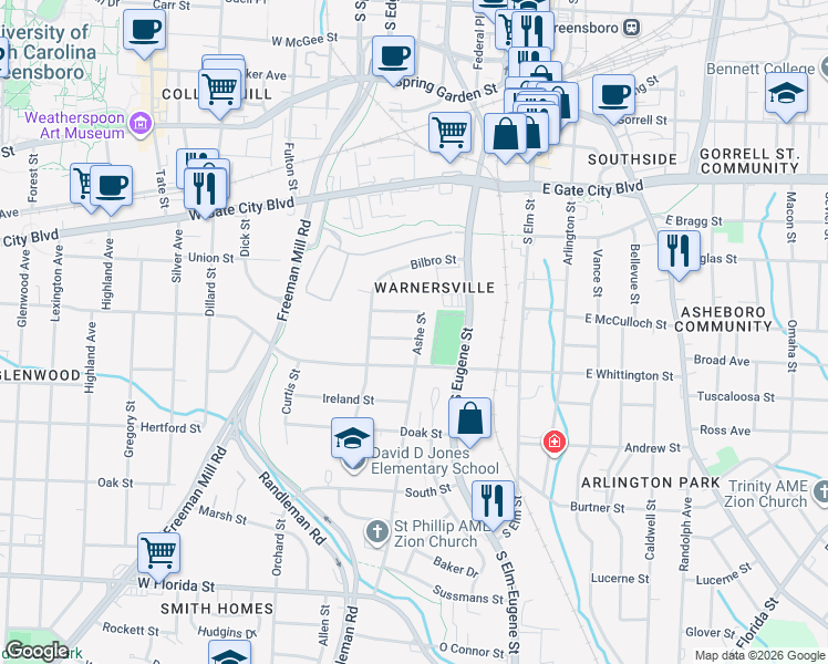 map of restaurants, bars, coffee shops, grocery stores, and more near 300 Milburn Street in Greensboro