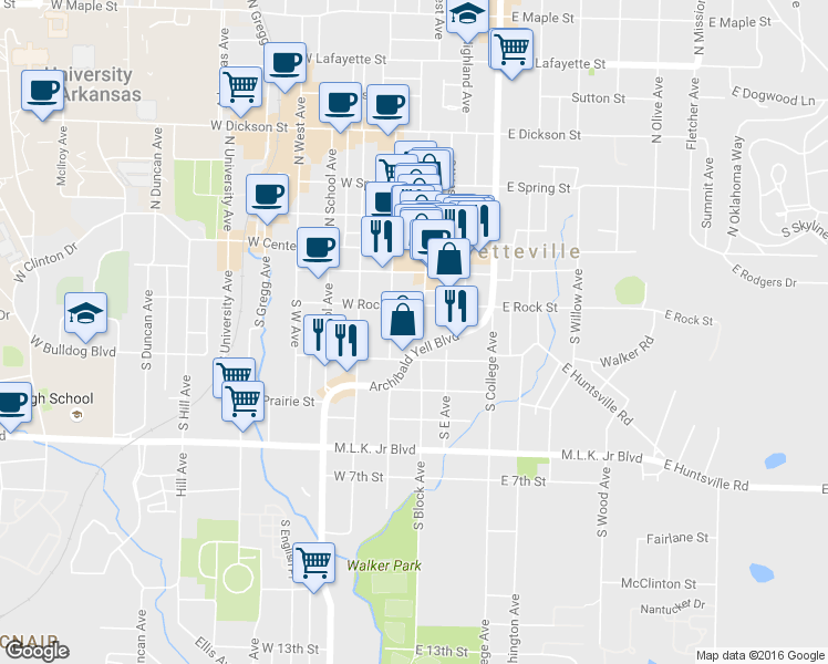 map of restaurants, bars, coffee shops, grocery stores, and more near 215 South Block Avenue in Fayetteville