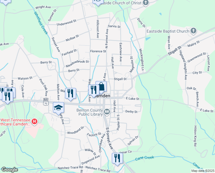 map of restaurants, bars, coffee shops, grocery stores, and more near 115 North Church Avenue in Camden