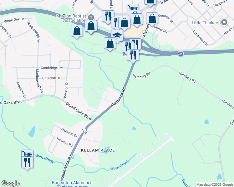 map of restaurants, bars, coffee shops, grocery stores, and more near 2907 Alamance Road in Burlington