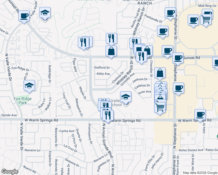 map of restaurants, bars, coffee shops, grocery stores, and more near 504 Chelsea Drive in Henderson