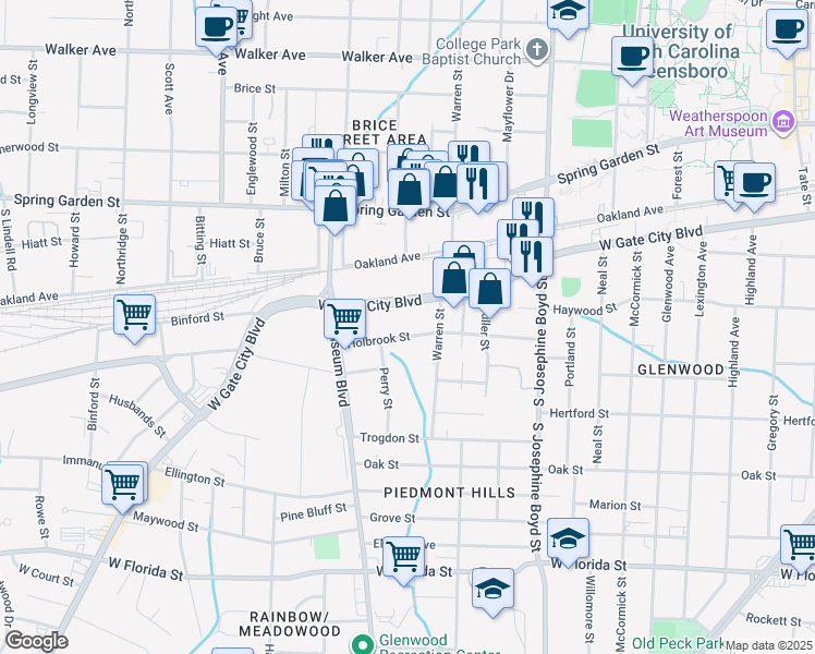 map of restaurants, bars, coffee shops, grocery stores, and more near 1712 Holbrook St in Greensboro