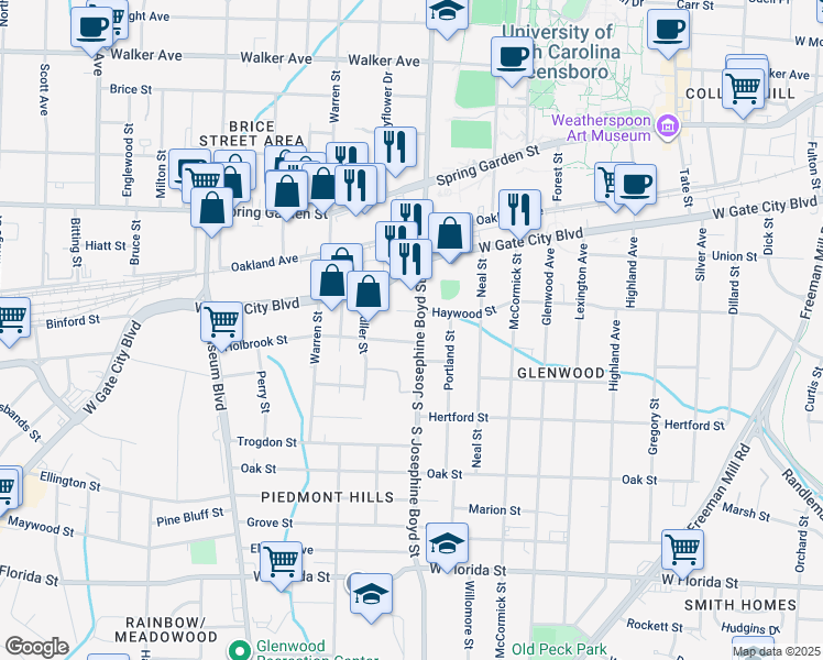 map of restaurants, bars, coffee shops, grocery stores, and more near 906 South Josephine Boyd Street in Greensboro