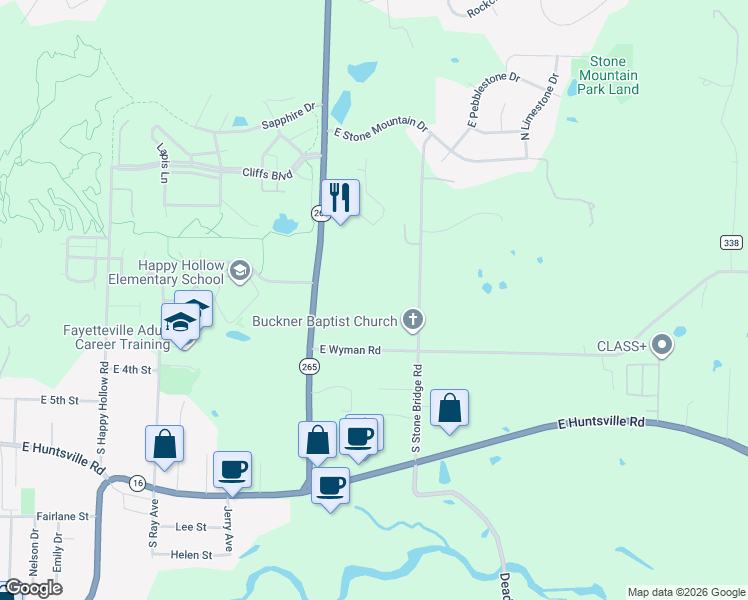 map of restaurants, bars, coffee shops, grocery stores, and more near 215 South Stone Bridge Road in Fayetteville