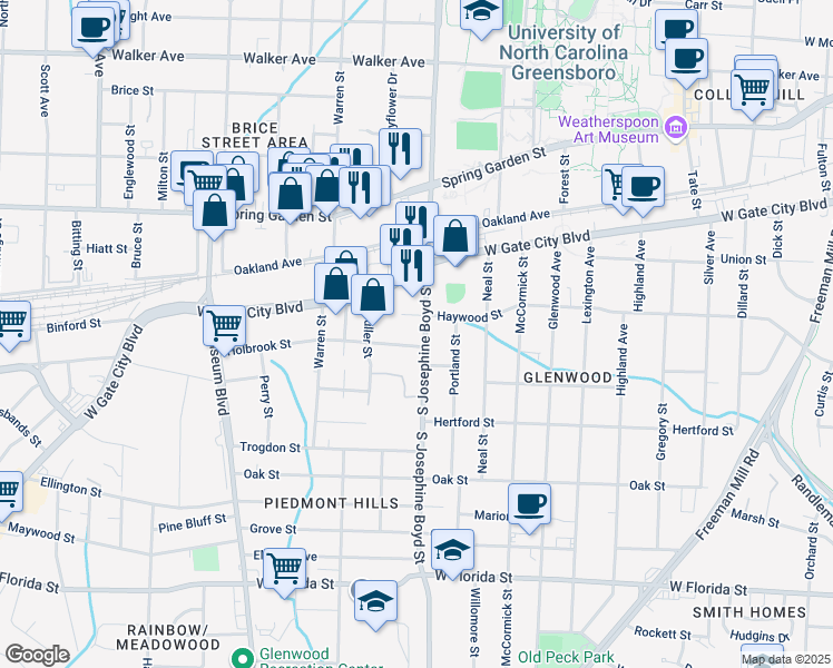 map of restaurants, bars, coffee shops, grocery stores, and more near 1510 Holbrook Street in Greensboro