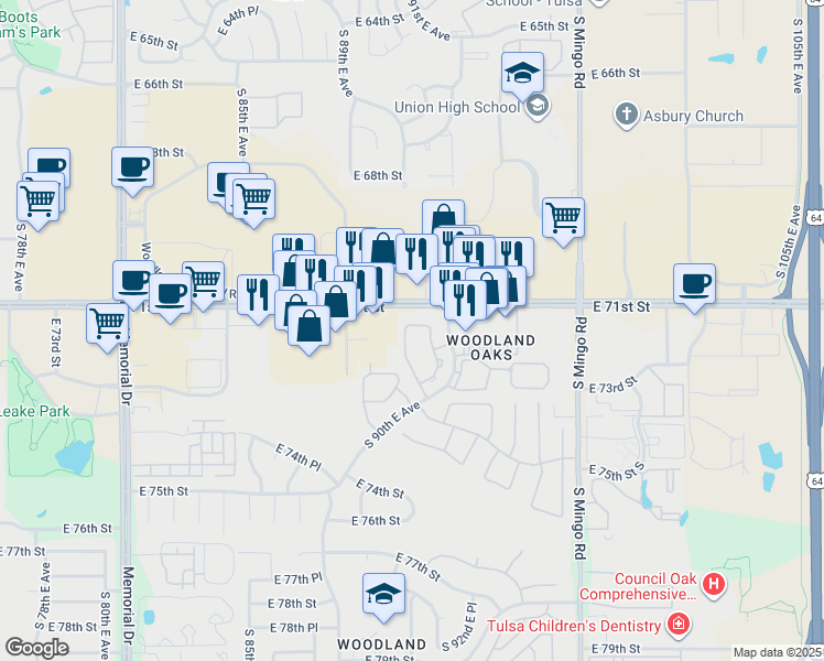 map of restaurants, bars, coffee shops, grocery stores, and more near 7142 South 92nd East Avenue in Tulsa