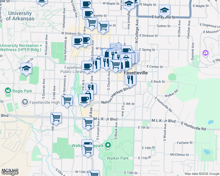 map of restaurants, bars, coffee shops, grocery stores, and more near 215 South Block Avenue in Fayetteville