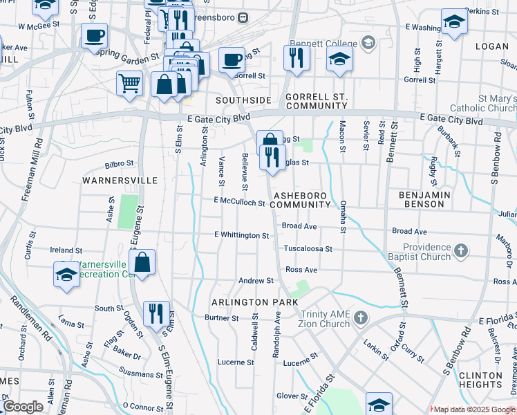 map of restaurants, bars, coffee shops, grocery stores, and more near 414 East McCulloch Street in Greensboro