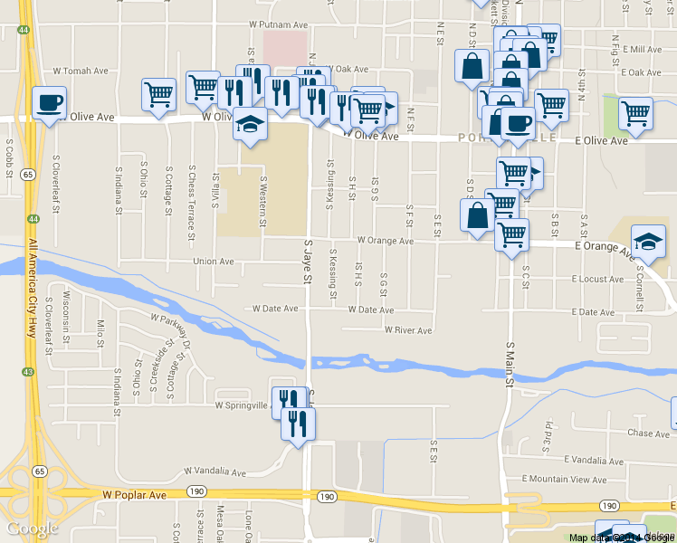 map of restaurants, bars, coffee shops, grocery stores, and more near 316 South Kessing Street in Porterville