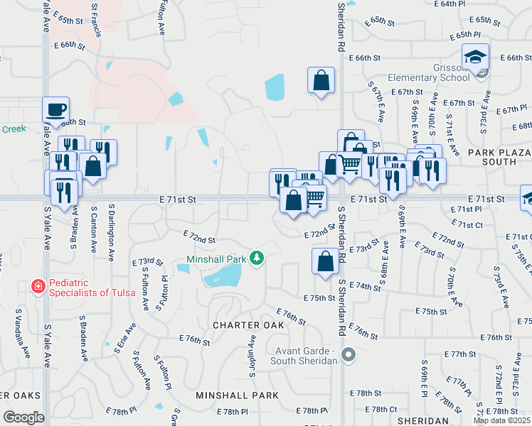 map of restaurants, bars, coffee shops, grocery stores, and more near 6022 East 71st Street in Tulsa