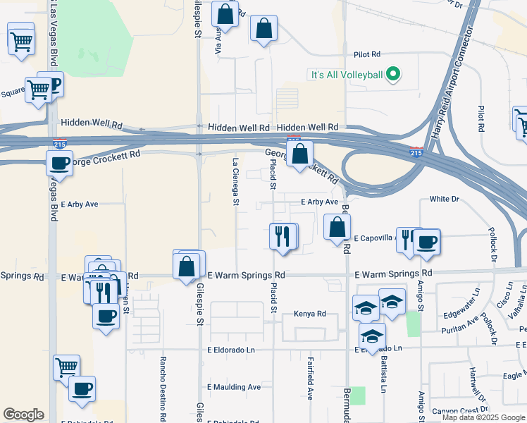 map of restaurants, bars, coffee shops, grocery stores, and more near 7145 Placid Street in Las Vegas