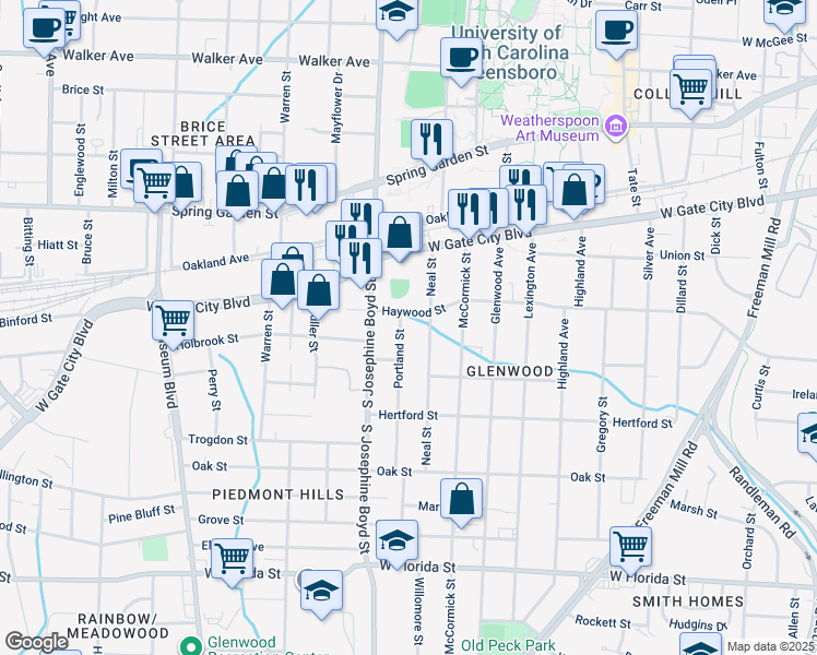 map of restaurants, bars, coffee shops, grocery stores, and more near 905 Portland Street in Greensboro