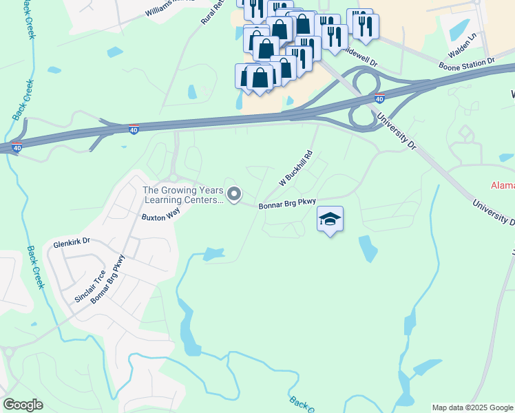 map of restaurants, bars, coffee shops, grocery stores, and more near Bonnar Bridge Road in Burlington