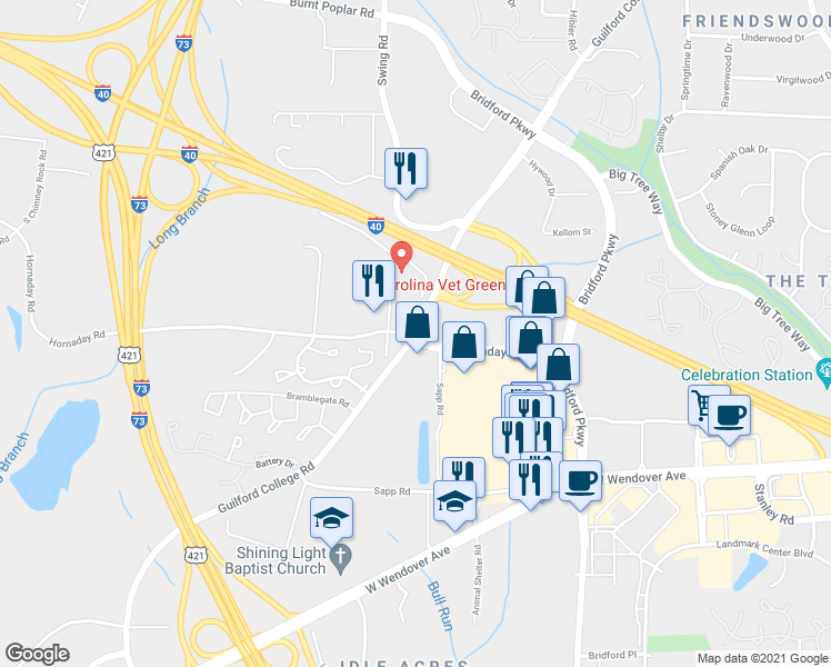 map of restaurants, bars, coffee shops, grocery stores, and more near 819 Guilford College Road in Greensboro