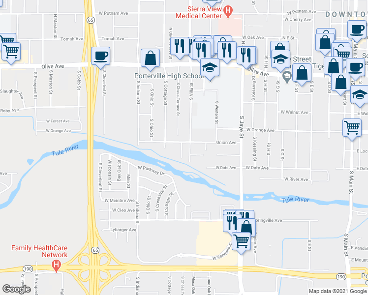 map of restaurants, bars, coffee shops, grocery stores, and more near 623 Union Avenue in Porterville