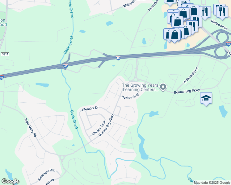 map of restaurants, bars, coffee shops, grocery stores, and more near 4015 Comrie Lane in Burlington