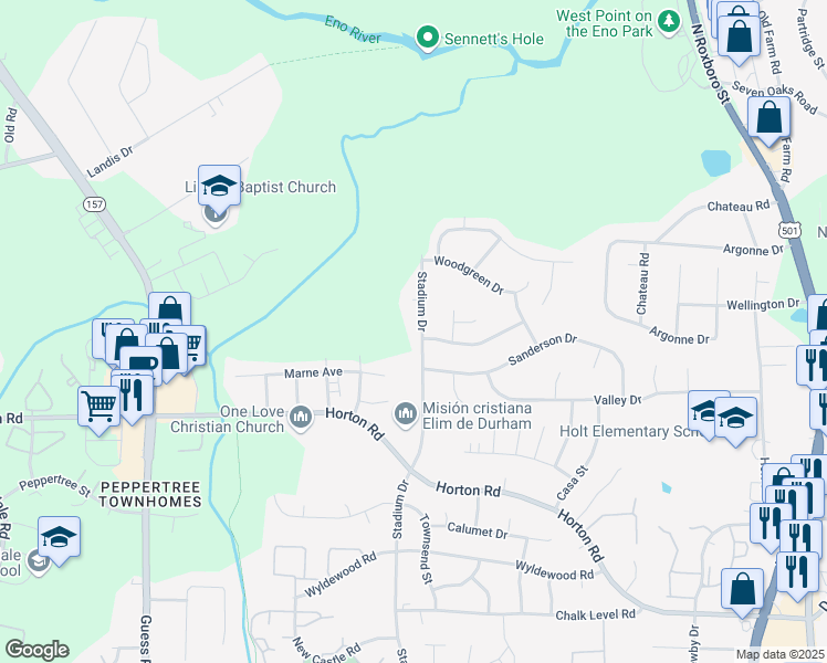 map of restaurants, bars, coffee shops, grocery stores, and more near 2801 Stadium Drive in Durham