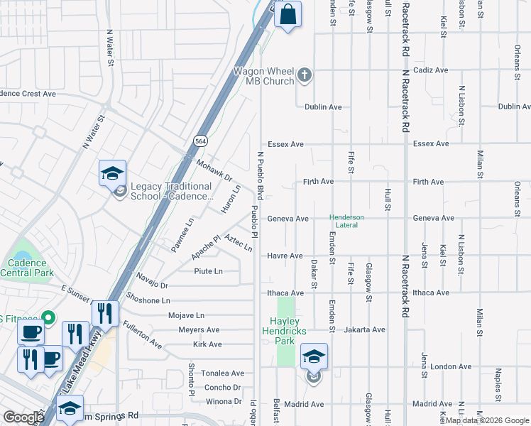 map of restaurants, bars, coffee shops, grocery stores, and more near 503 North Pueblo Boulevard in Henderson