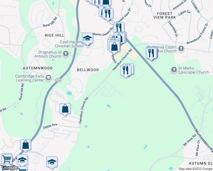 map of restaurants, bars, coffee shops, grocery stores, and more near 3001 Hamilton Church Road in Nashville