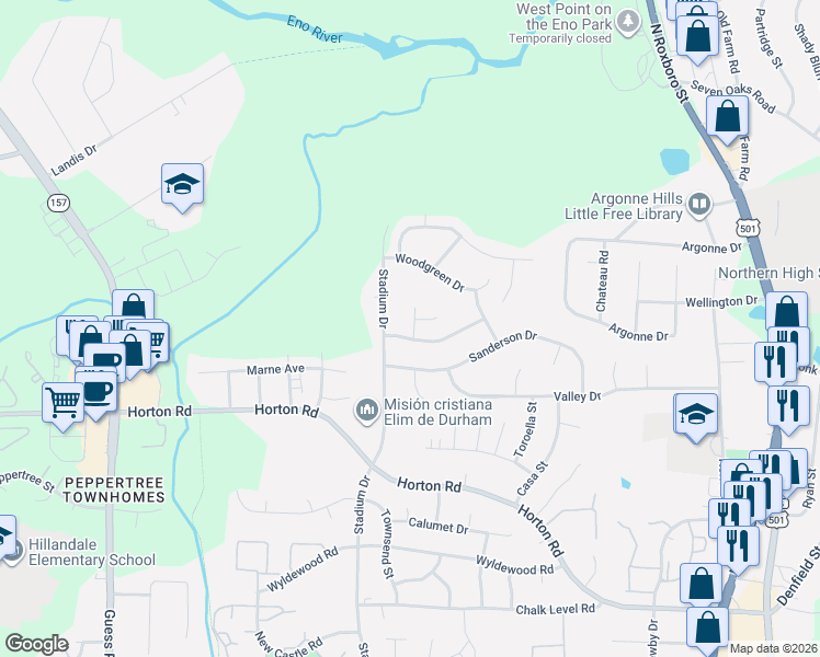 map of restaurants, bars, coffee shops, grocery stores, and more near 906 Northwood Hills Avenue in Durham