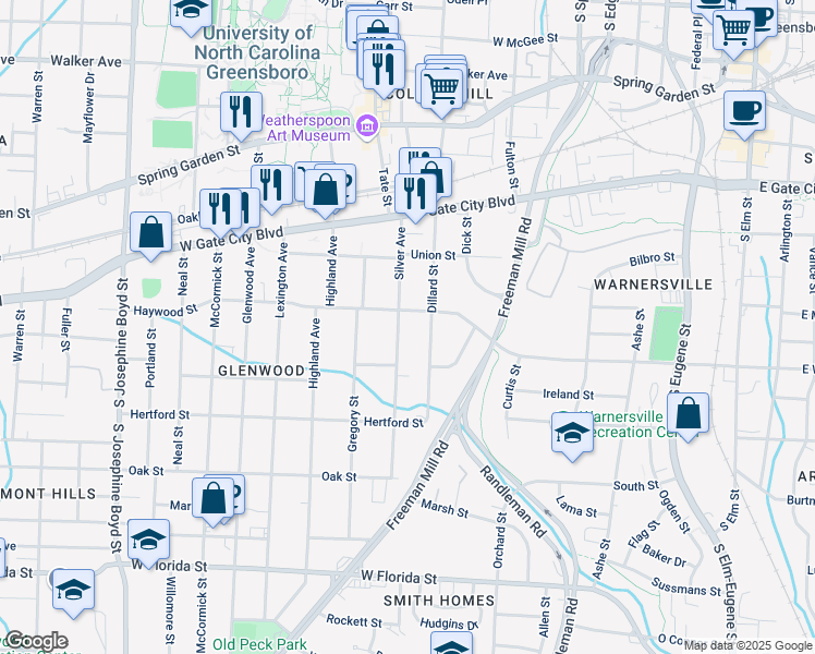 map of restaurants, bars, coffee shops, grocery stores, and more near 909 Silver Avenue in Greensboro