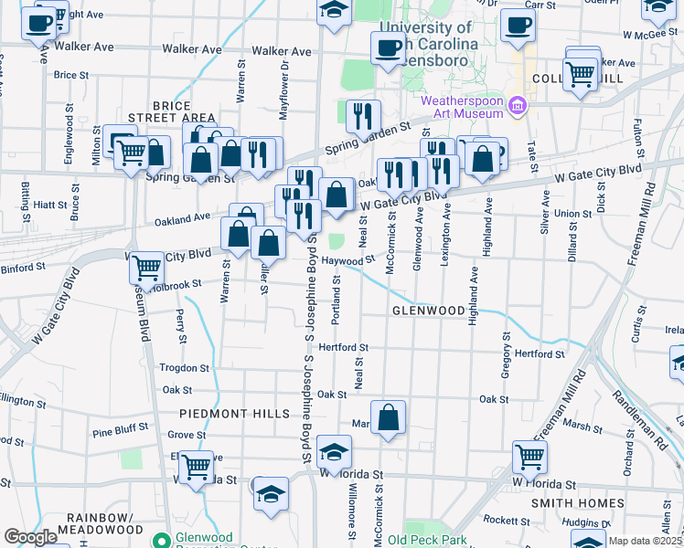map of restaurants, bars, coffee shops, grocery stores, and more near 905 Portland Street in Greensboro