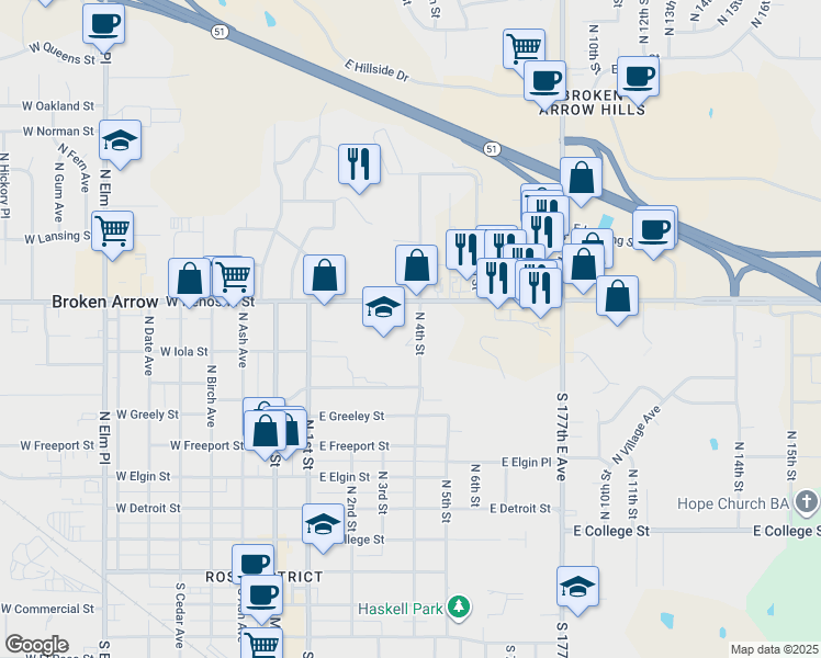 map of restaurants, bars, coffee shops, grocery stores, and more near 814 North 4th Street in Broken Arrow