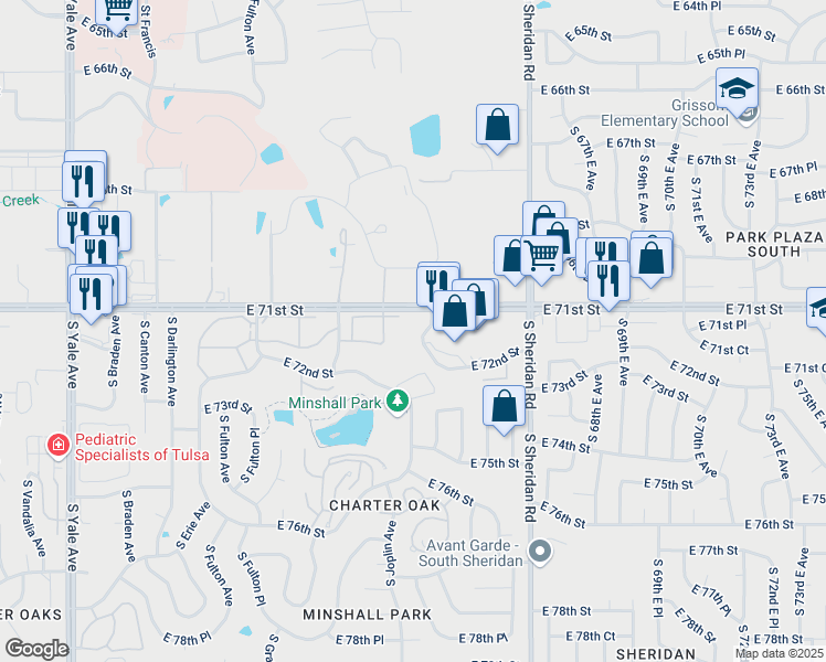 map of restaurants, bars, coffee shops, grocery stores, and more near 6022 East 71st Street in Tulsa