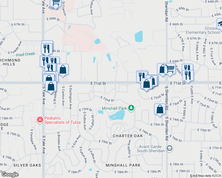 map of restaurants, bars, coffee shops, grocery stores, and more near 7110 South Granite Avenue in Tulsa