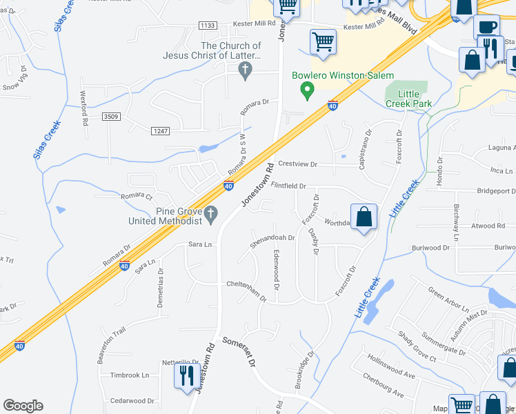 map of restaurants, bars, coffee shops, grocery stores, and more near 145 Preston Downs Way in Winston-Salem