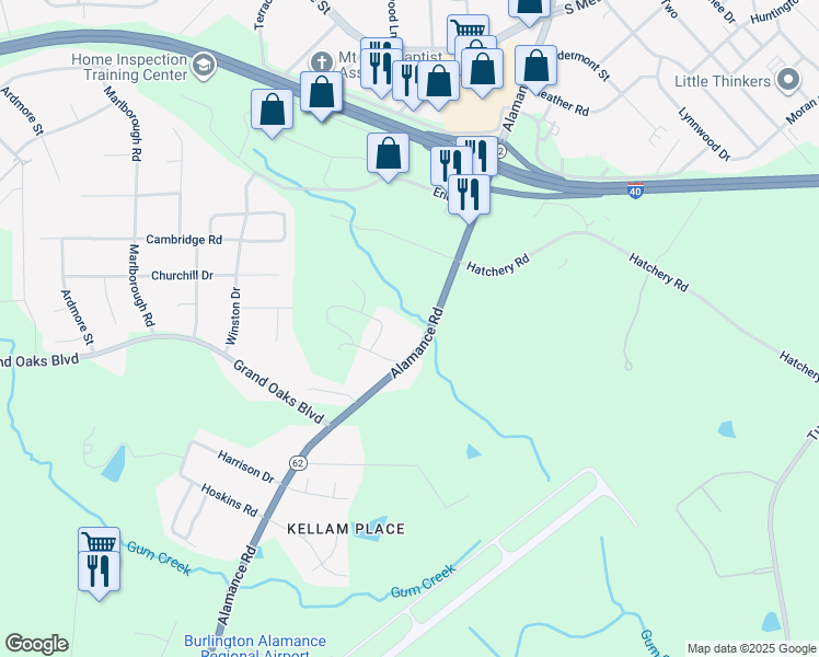 map of restaurants, bars, coffee shops, grocery stores, and more near 2915 Alamance Road in Burlington