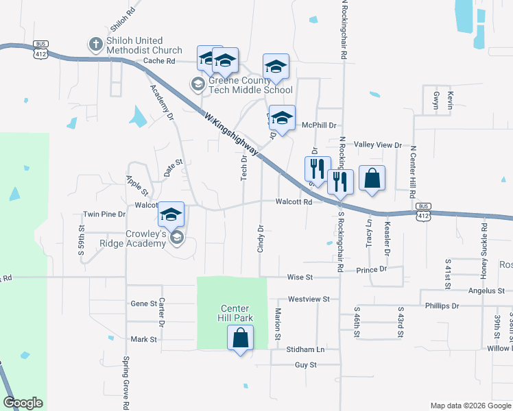 map of restaurants, bars, coffee shops, grocery stores, and more near 300 Cindy Street in Paragould