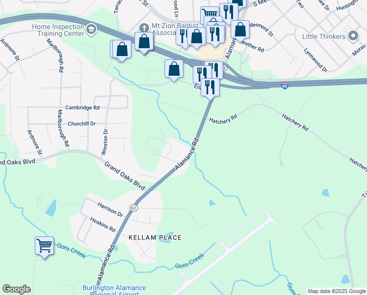 map of restaurants, bars, coffee shops, grocery stores, and more near 2915 Alamance Road in Burlington