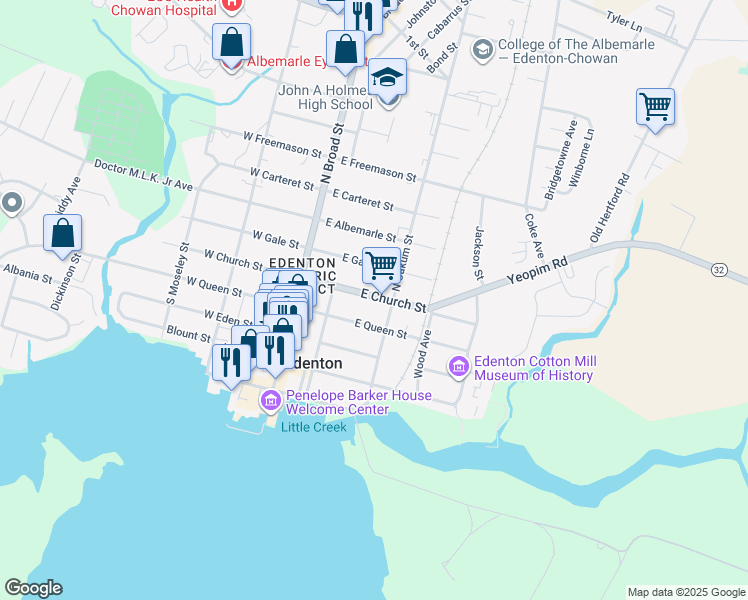 map of restaurants, bars, coffee shops, grocery stores, and more near 220 North Carolina 32 in Edenton