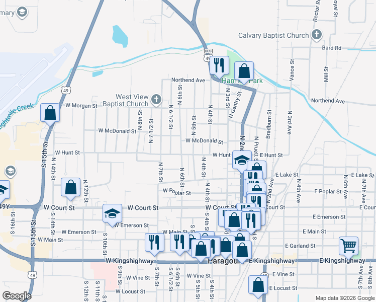 map of restaurants, bars, coffee shops, grocery stores, and more near 507 West Hunt Street in Paragould