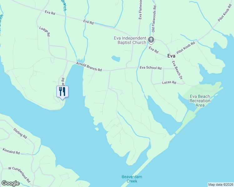 map of restaurants, bars, coffee shops, grocery stores, and more near 496-614 Eva Harbor Road in Eva
