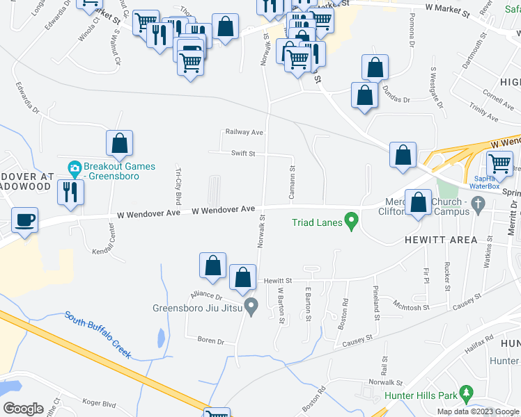map of restaurants, bars, coffee shops, grocery stores, and more near in Greensboro