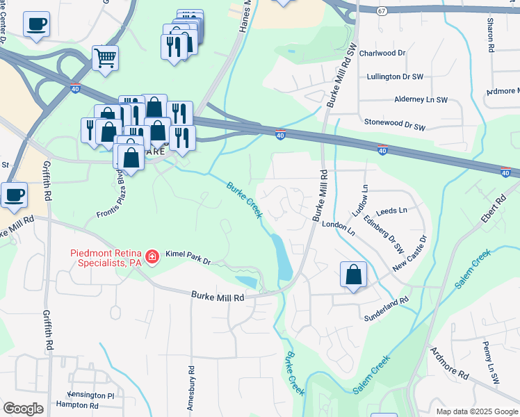 map of restaurants, bars, coffee shops, grocery stores, and more near 2268 King George Court in Winston-Salem