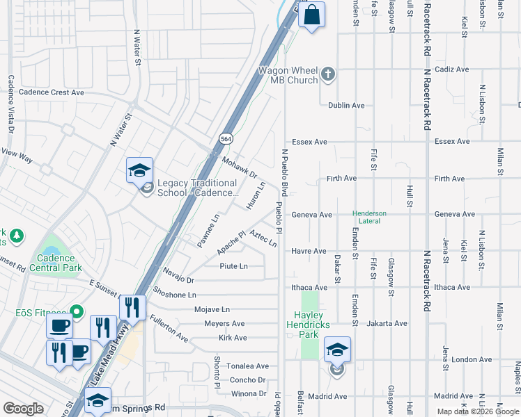 map of restaurants, bars, coffee shops, grocery stores, and more near 425 Apache Place in Henderson