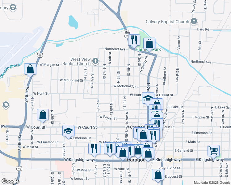 map of restaurants, bars, coffee shops, grocery stores, and more near 507 West Hunt Street in Paragould